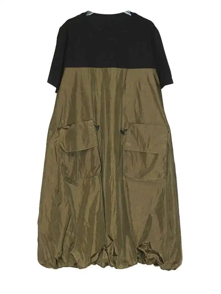 Women Black Drawstring Pocket Big Size Midi Dress New Round Neck Shhort Sleeve Fashion Tide Spring Summer 2025 1DJ0773