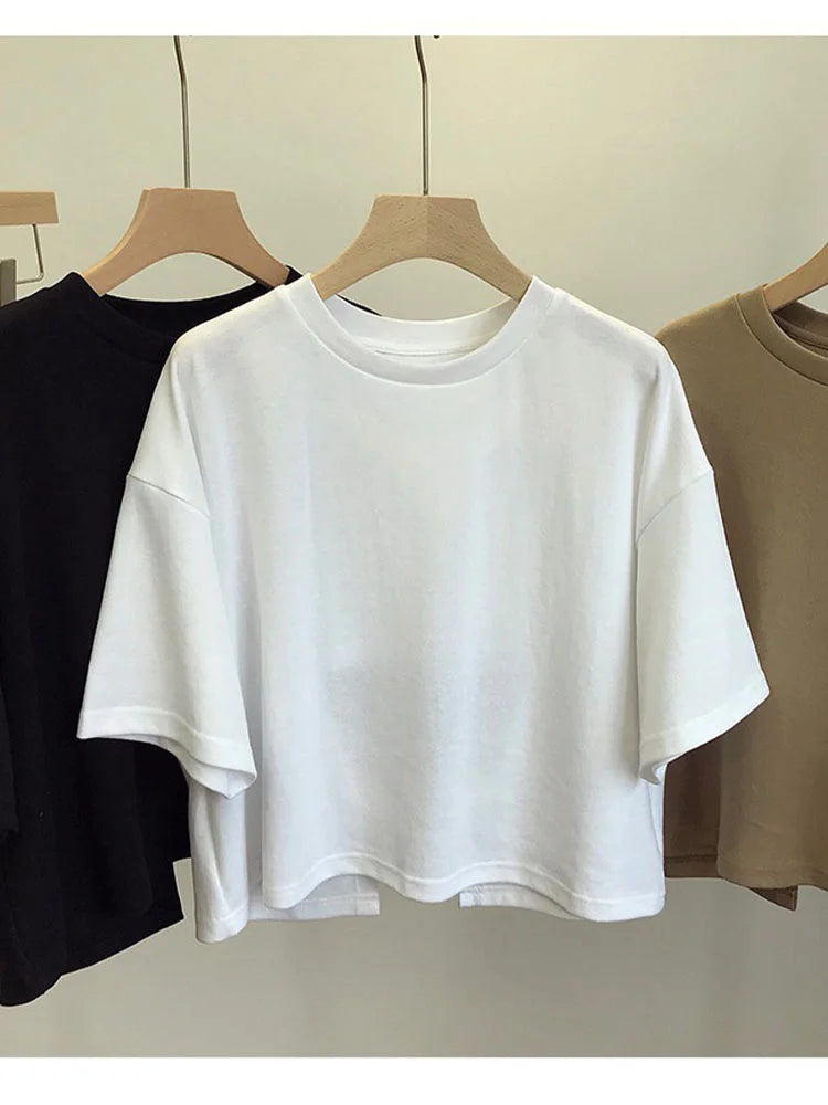 Summer New Ladies Casual Backless T-Shirt 2024 Korean Women Round Neck Loose Sweet Spicy Wind Short-Sleeved Crop Tops