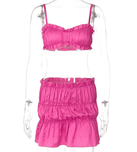 Women Elegant 2 Pcs Sets Solid Slips Ruched Sexy Slim Crop Camis Skirt Summer Women Clothes Beach Festival Party