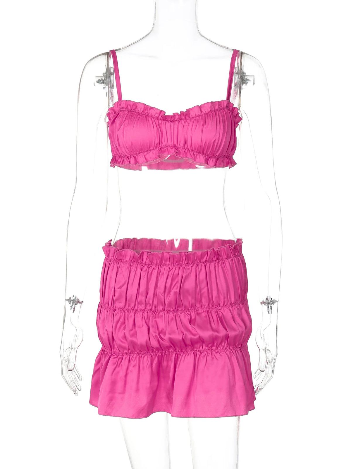 Women Elegant 2 Pcs Sets Solid Slips Ruched Sexy Slim Crop Camis Skirt Summer Women Clothes Beach Festival Party