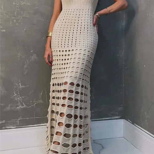 Load image into Gallery viewer, Strapless Off-shoulder Hollow Out Knit Maxi Dress For Women Gown Fashion Sleeveless Backless Beach Skinny Long Dress
