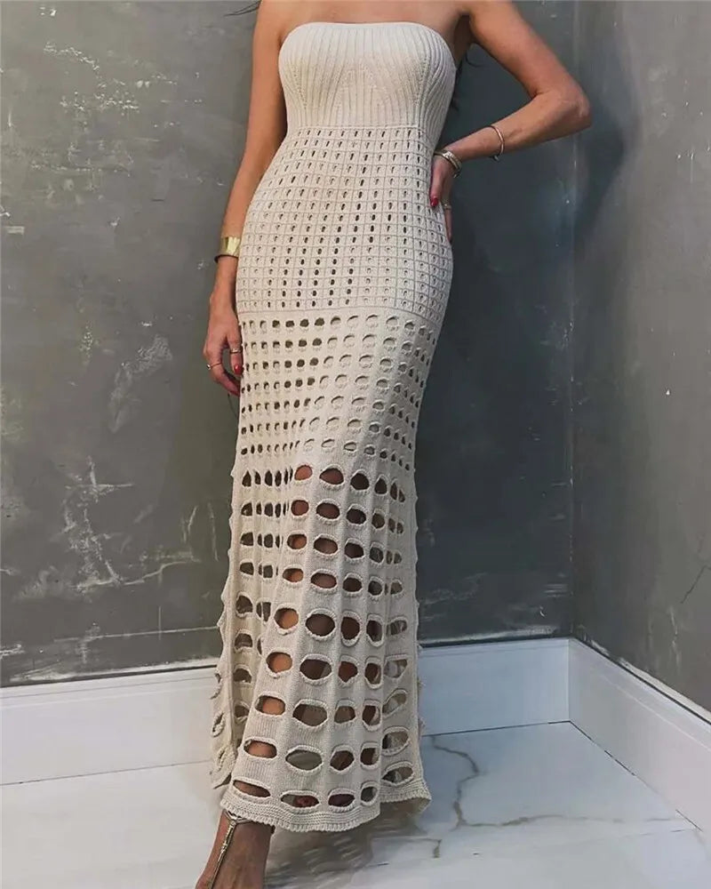 Strapless Off-shoulder Hollow Out Knit Maxi Dress For Women Gown Fashion Sleeveless Backless Beach Skinny Long Dress
