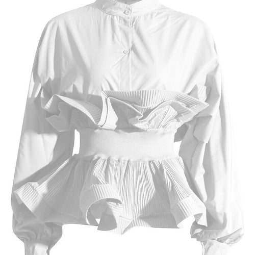 Load image into Gallery viewer, Solid Ruffles Shirt For Women Stand Collar Lantern Sleeve Gather Waist Pleated Blouse Female Fashion Clothing
