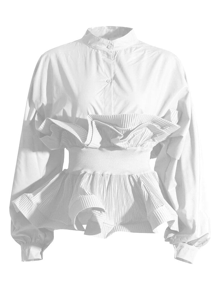 Solid Ruffles Shirt For Women Stand Collar Lantern Sleeve Gather Waist Pleated Blouse Female Fashion Clothing