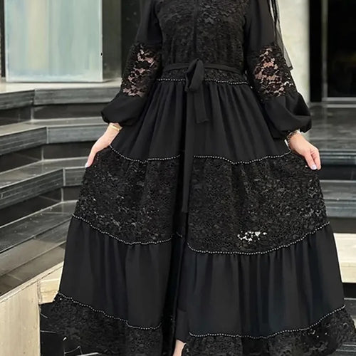 Load image into Gallery viewer, Solid Spliced Lace Up Dresses For Women Stand Collar Long Sleeve High Waist Patchwork Single Breasted A Line Dress Female
