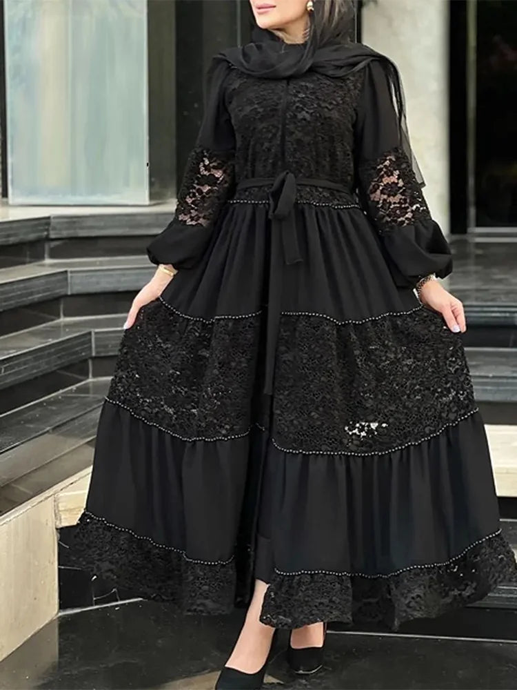 Solid Spliced Lace Up Dresses For Women Stand Collar Long Sleeve High Waist Patchwork Single Breasted A Line Dress Female