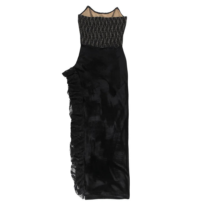 Elegant Lace Strapless Maxi Dress For Women Fashion Black Sleeveless Backless Bodycon Club Party Sexy Long Dress