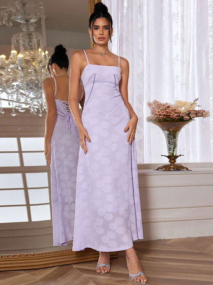 Summer Elegant Maxi Dress 2024 New Arrival Purple Spaghetti Strap Wedding Guest Dress Lace Up Party Dresses