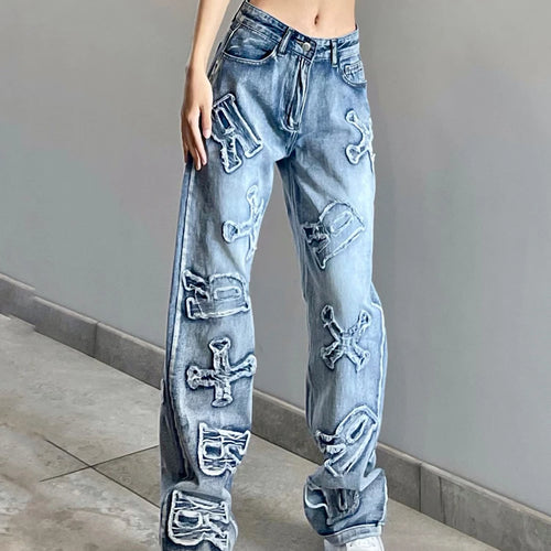 Load image into Gallery viewer, Streetwear Grunge Letter Patched Distressed Women Jeans Straight Casual Y2K Design Denim Trousers Korean Style Bottom
