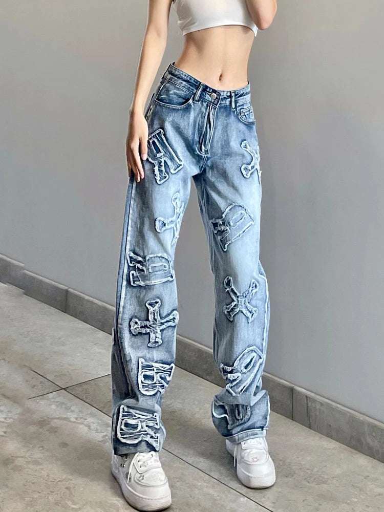 Streetwear Grunge Letter Patched Distressed Women Jeans Straight Casual Y2K Design Denim Trousers Korean Style Bottom