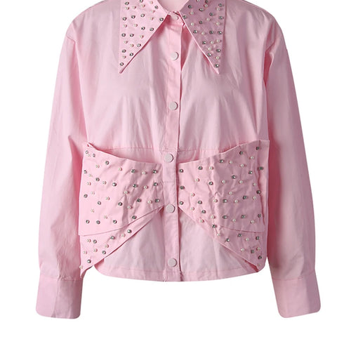 Load image into Gallery viewer, Women Pink Color Pearl Rhinestones Big Size Blouse New Lapel Long Sleeve Shirt Fashion Tide Spring Autumn 2025 CPG3257
