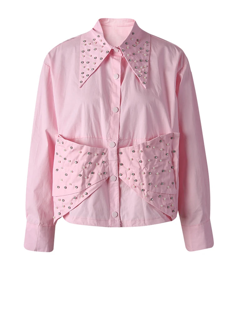 Women Pink Color Pearl Rhinestones Big Size Blouse New Lapel Long Sleeve Shirt Fashion Tide Spring Autumn 2025 CPG3257