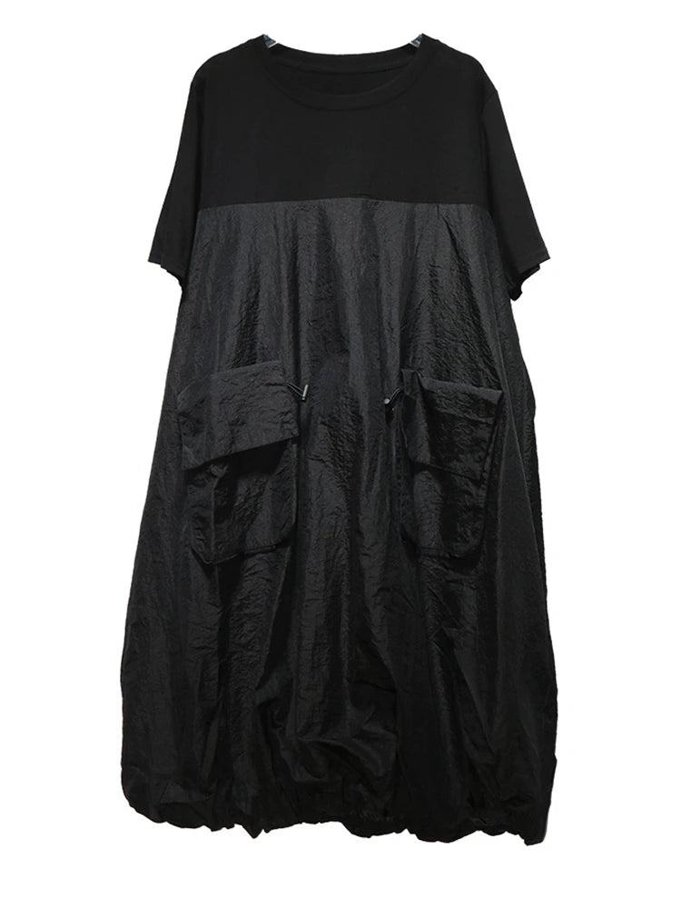 Women Black Drawstring Pocket Big Size Midi Dress New Round Neck Shhort Sleeve Fashion Tide Spring Summer 2025 1DJ0773