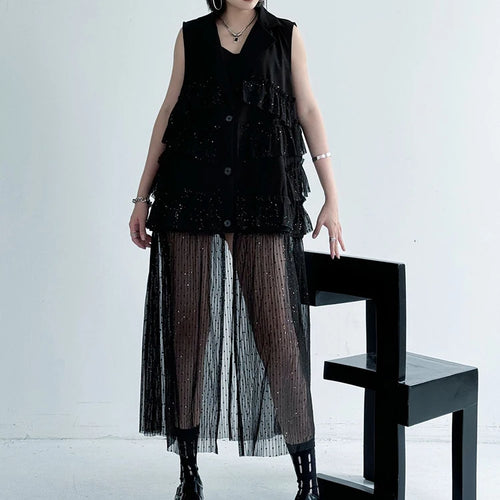 Load image into Gallery viewer, Women Black Singles Breasted Mesh Big Size Midi Vest Dress New Lapel Sleeveless Fashion Tide Spring Autumn 2025 1DJ1041
