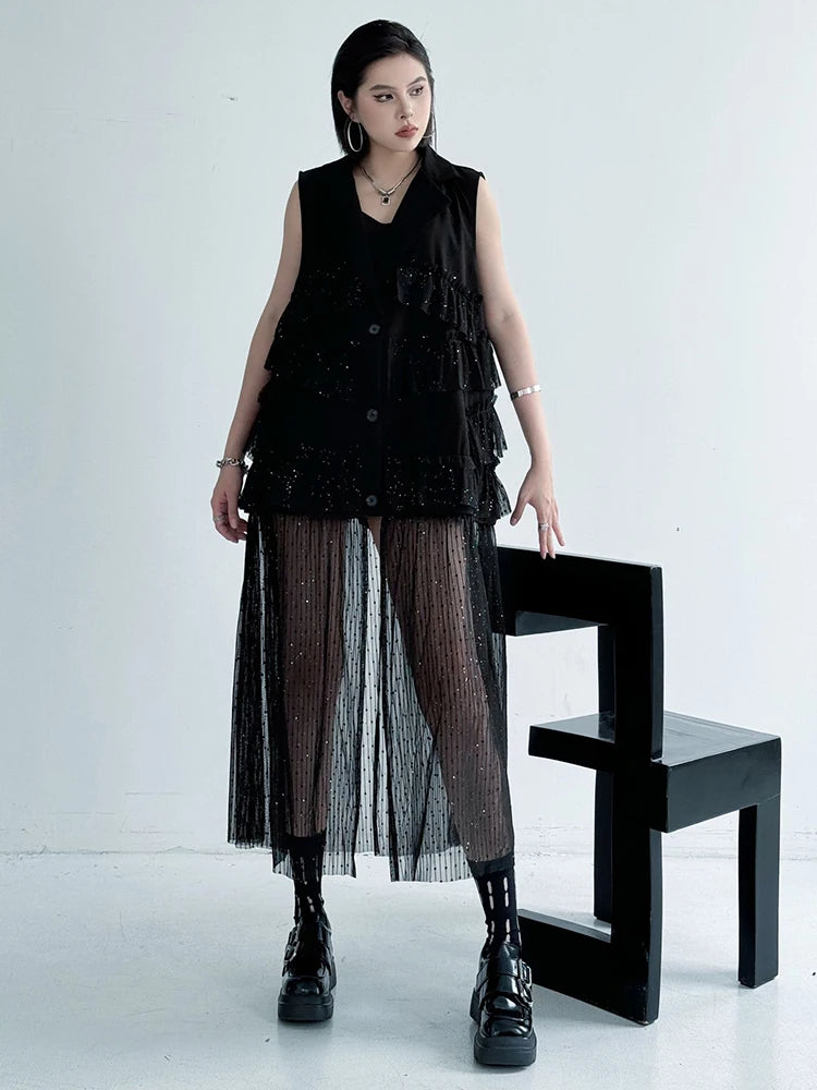 Women Black Singles Breasted Mesh Big Size Midi Vest Dress New Lapel Sleeveless Fashion Tide Spring Autumn 2025 1DJ1041