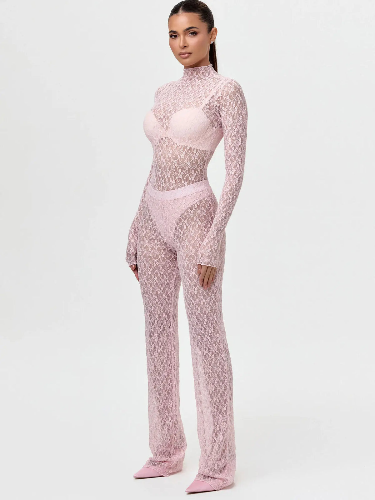 Sexy Transparent Lace Long Sleeved Semi High Neck Bodysuit Long Pants Tight Two-piece Set Women's Party Nightclub Set