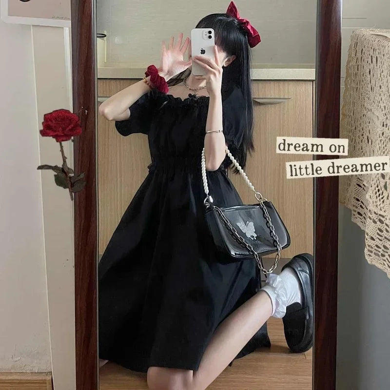 Balck Puff Sleeve Women Dresses Gothic Wrap Kawaii Cute Dress Goth Casual Sundress Dark Academia Clothes