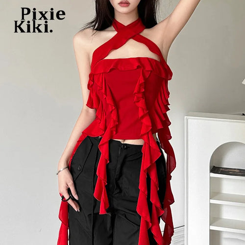 Load image into Gallery viewer, Cropped 2000s Y2k Tops Sexy Red Ruffle Fringe Backless Tube Top Coquette Summer Outfits for Women 2024 P94-DC21
