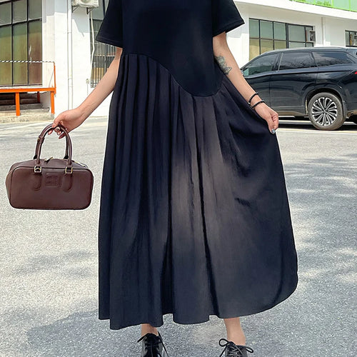 Load image into Gallery viewer, Women Black Irregular Pleated Big Size Midi Dress New Round Neck Short Sleeve Fashion Tide Spring Summer 2025 1DJ0851
