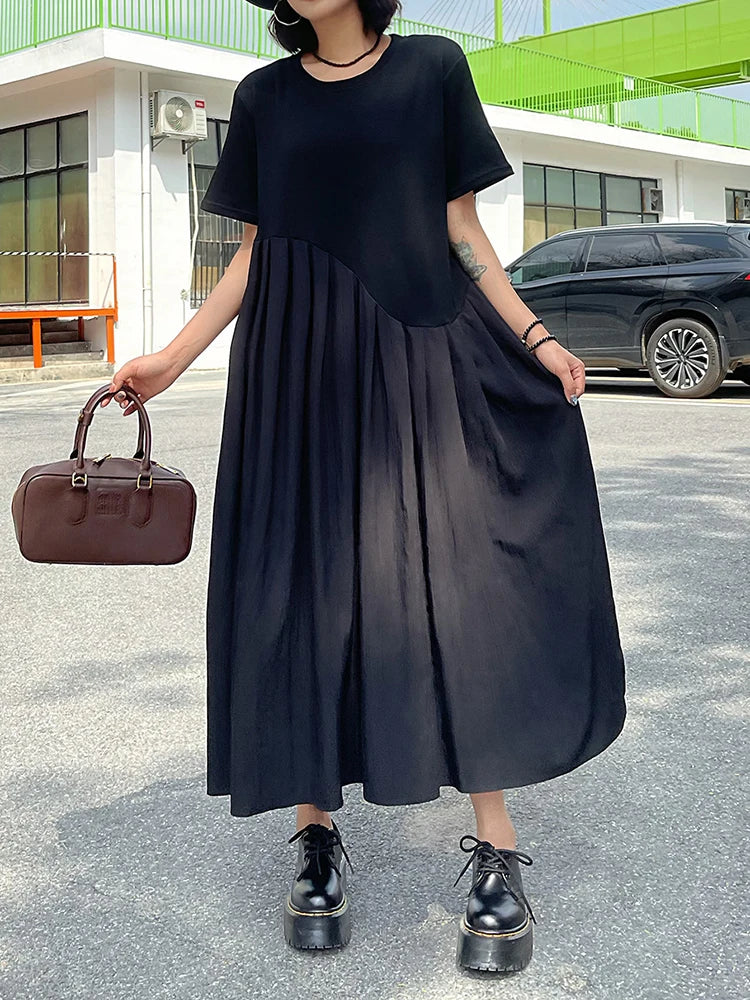Women Black Irregular Pleated Big Size Midi Dress New Round Neck Short Sleeve Fashion Tide Spring Summer 2025 1DJ0851