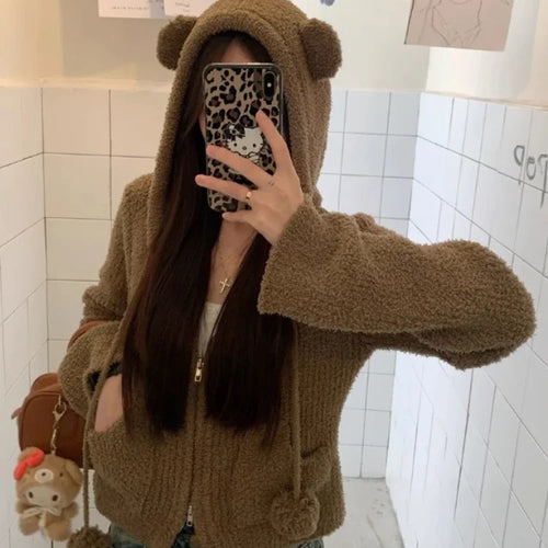 Load image into Gallery viewer, Cute Cardigan Sueter Mujer Bear Hooded Zipper Pull Femme Casual Fashion Knitted Cropped Sweater Tops 2024 Fall Winter Clothing
