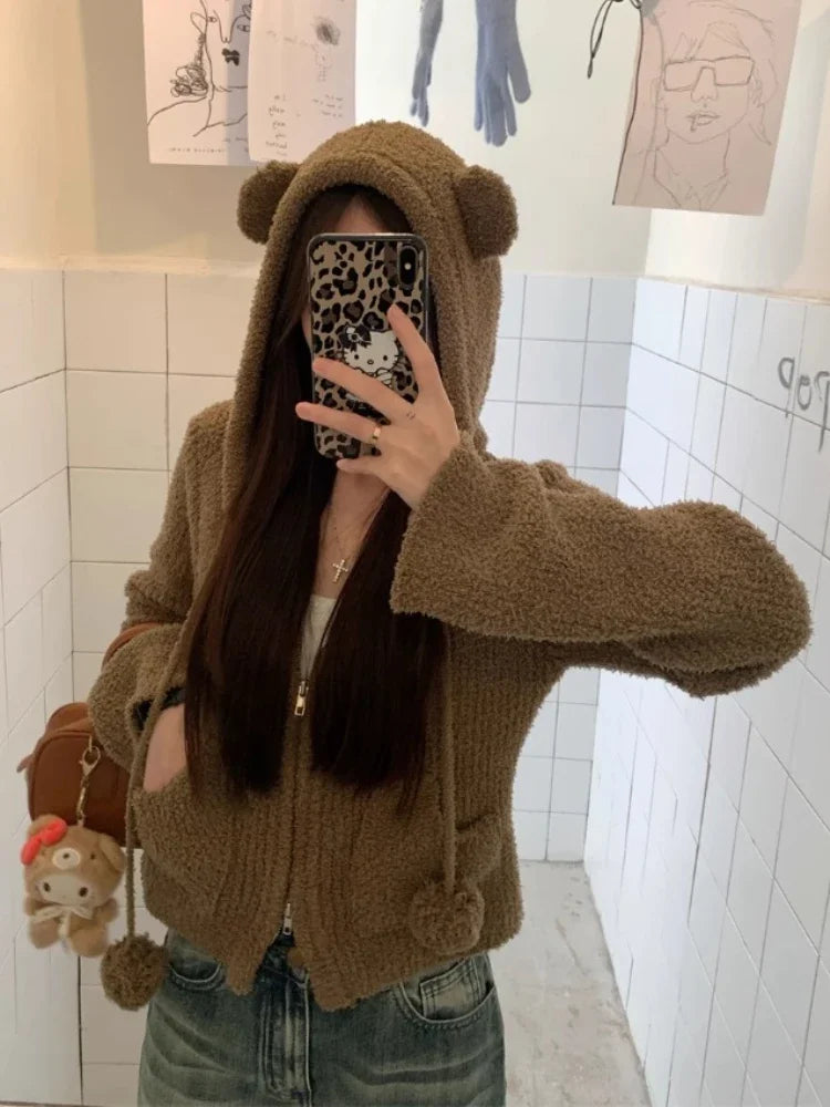 Cute Cardigan Sueter Mujer Bear Hooded Zipper Pull Femme Casual Fashion Knitted Cropped Sweater Tops 2024 Fall Winter Clothing