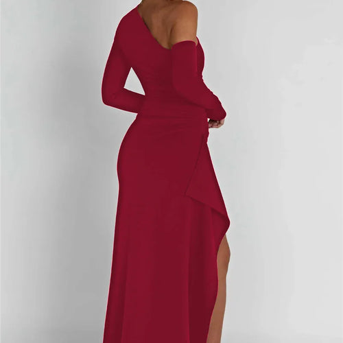 Load image into Gallery viewer, Oblique Shoulder Thigh High Split Maxi Dress Women Long Sleeve Backless Bodycon Sexy Club Party Long Dress Vestidos
