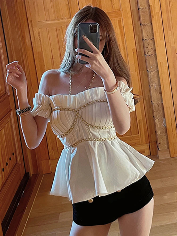 Sexy Slim Shirt For Women Halter Collar Short Sleeve Patchwork Chain White Blouses Female Summer Clothing Fashion
