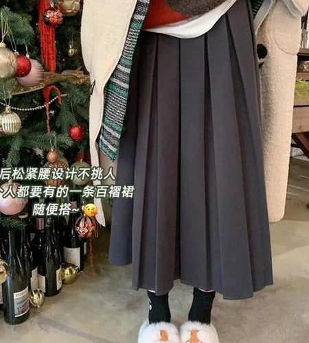 French Vintage Elegant Black Festival Woolen Long Skirt Women Autumn Winter Grey High Waist Ladies Pleated A-line Half Skirt New