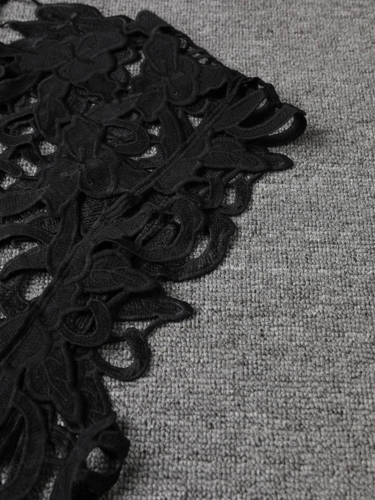 Women Black Lace Hollow Out Perspective Big Size Dress New Round Neck Sleeveless Fashion Tide Spring Summer 2025 1DJ0243