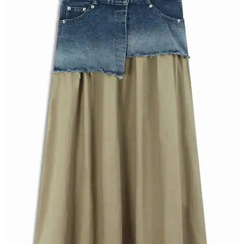 Load image into Gallery viewer, High Waist Khaki Denim Pleated Burr Color-block Midi Half-body Skirt Women Fashion Tide New Spring Autumn 2025 1DH5784
