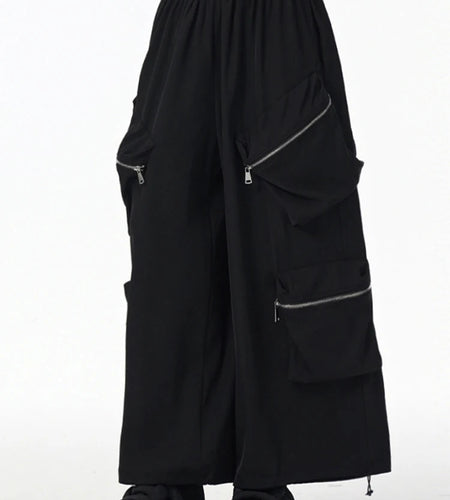 High Elastic Waist Black Zipper Pockets Shaped Wide Leg Pants New Trousers Women Fashion Tide Spring Autumn 2025  1DJ0901