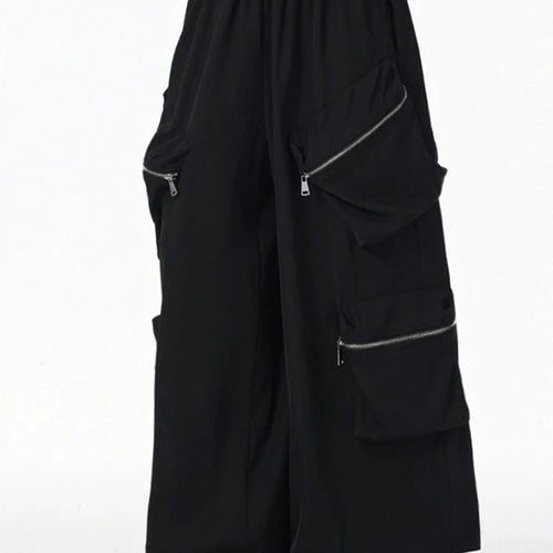 Load image into Gallery viewer, High Elastic Waist Black Zipper Pockets Shaped Wide Leg Pants New Trousers Women Fashion Tide Spring Autumn 2025  1DJ0901
