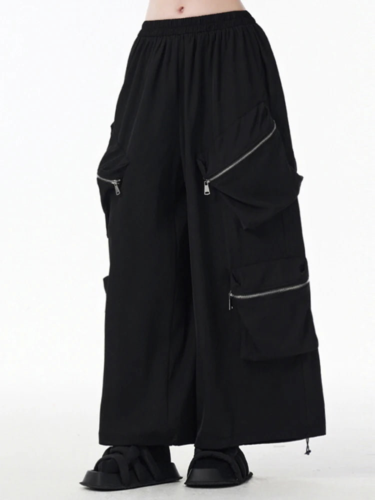 High Elastic Waist Black Zipper Pockets Shaped Wide Leg Pants New Trousers Women Fashion Tide Spring Autumn 2025  1DJ0901