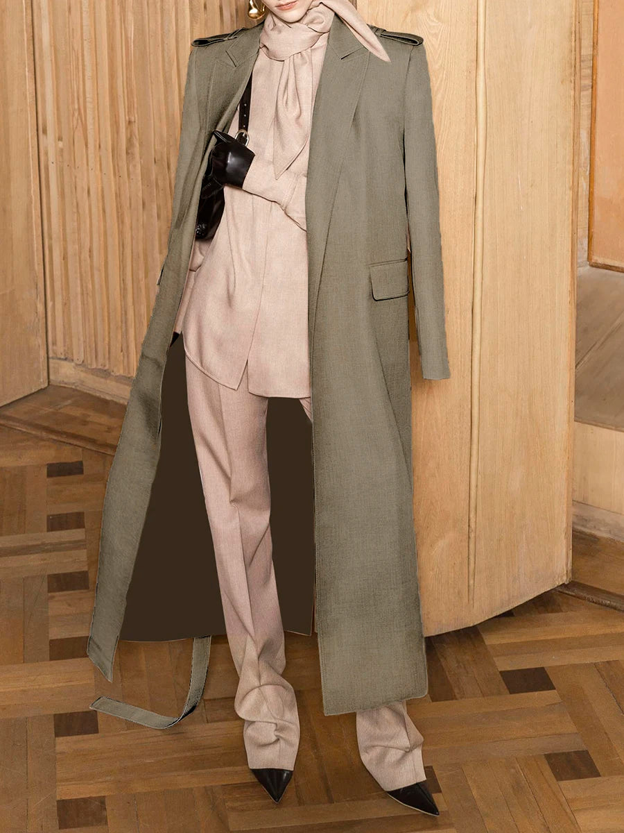 Solid Slimming Spliced Lace Up Temperament Jacket for Women Lapel Long Sleeves Patchwork Pockets Trench Female New