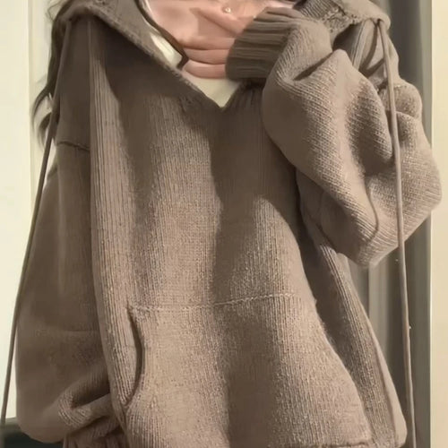 Load image into Gallery viewer, Y2k Aesthetic Autumn V Neck Woman Sweaters Harajuku Loose Grunge Cardigan Mujer Ball Drawstring Pocekt Patchwork Solid Pullovers
