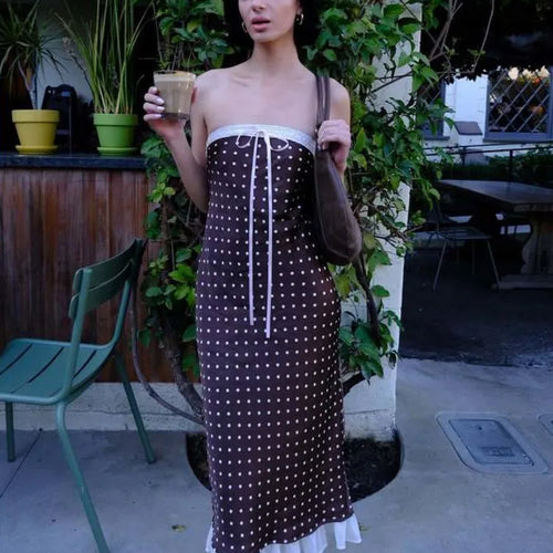 Load image into Gallery viewer, Sexy Strapless Backless Lace Up Hollow Out Mid Length Dress Women Polka Dot Print SummerNew 2025 Holiday Beach Vestido
