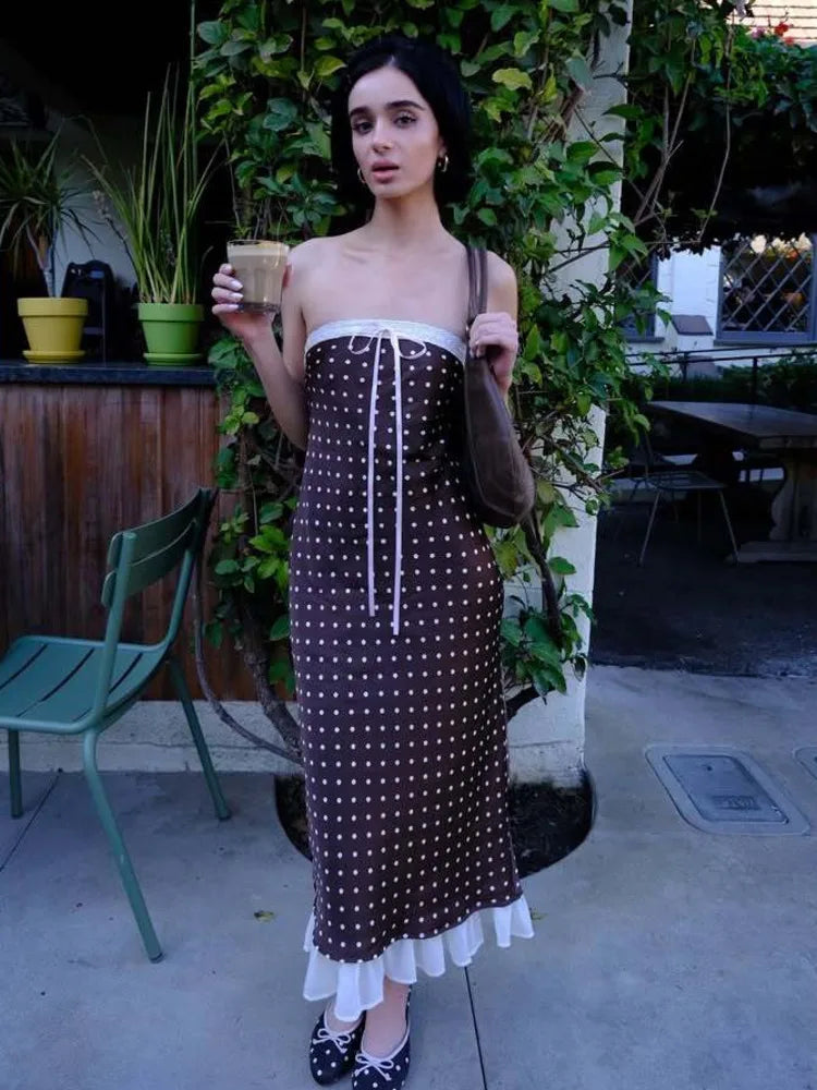 Sexy Strapless Backless Lace Up Hollow Out Mid Length Dress Women Polka Dot Print SummerNew 2025 Holiday Beach Vestido
