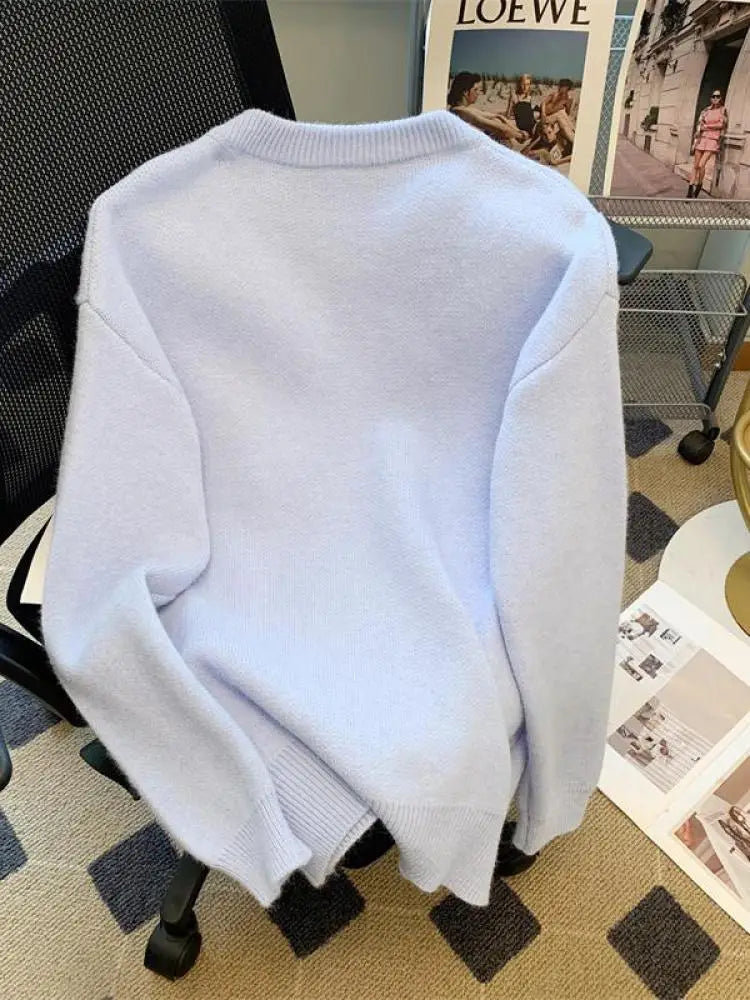 French Women's Print Cute Cat Pattern Long Sleeve Round Neck Sweater Autumn Winter Elegant Festival Knitted Thick Pullover Tops