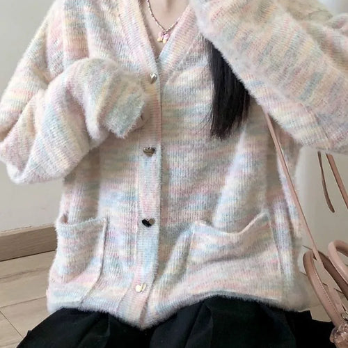 Load image into Gallery viewer, Cute Iridescence Knitted Cardigans Loose Sweet Y2k Aesthetic Single Breaste Tops Contrast Color Grunge Harajuku Sweaters Women
