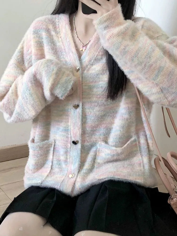 Cute Iridescence Knitted Cardigans Loose Sweet Y2k Aesthetic Single Breaste Tops Contrast Color Grunge Harajuku Sweaters Women
