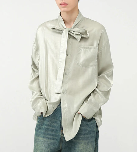 Stylish Men's Shirts Stand Collar Solid Color Tie Design Drape Pocket Single Breasted Loose Male Long Sleeve Tops 9W1185