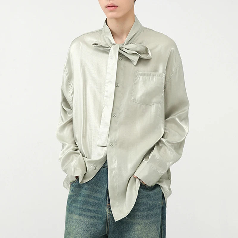 Stylish Men's Shirts Stand Collar Solid Color Tie Design Drape Pocket Single Breasted Loose Male Long Sleeve Tops 9W1185