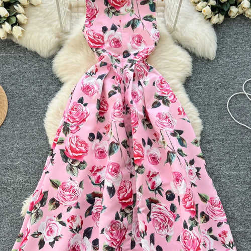 Load image into Gallery viewer, Women White Pink Flower Elegant Vest Long Dress 2025 Summer New Retro Sleeveless Fashion High Waist Pleated Dress Bohemian Trend
