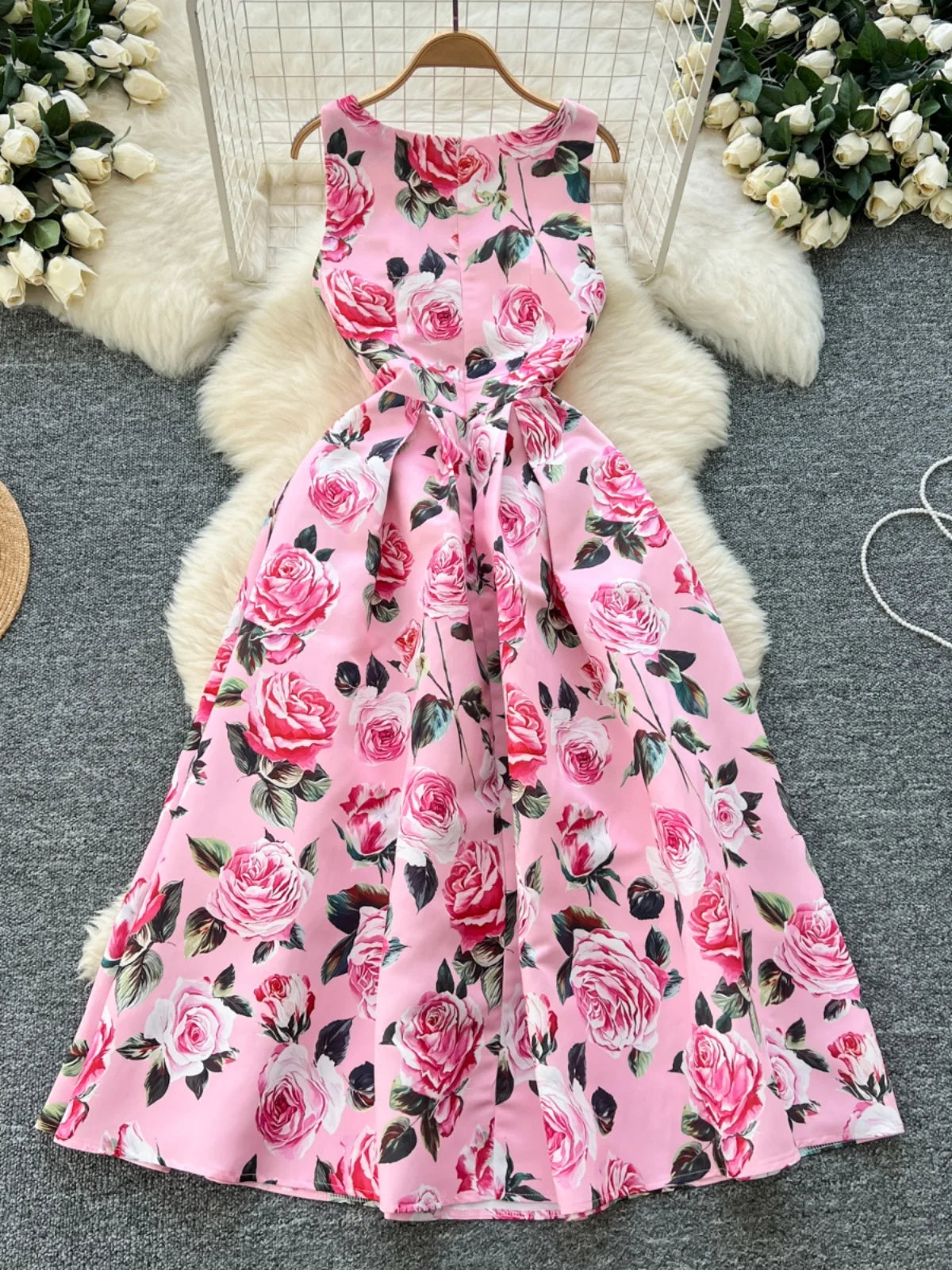 Women White Pink Flower Elegant Vest Long Dress 2025 Summer New Retro Sleeveless Fashion High Waist Pleated Dress Bohemian Trend