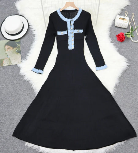 Autumn 2024 New Women's Black White Blue Patchwork Single Breasted Knitted Dress French Elegant Festival Long Sleeve Dress Trend