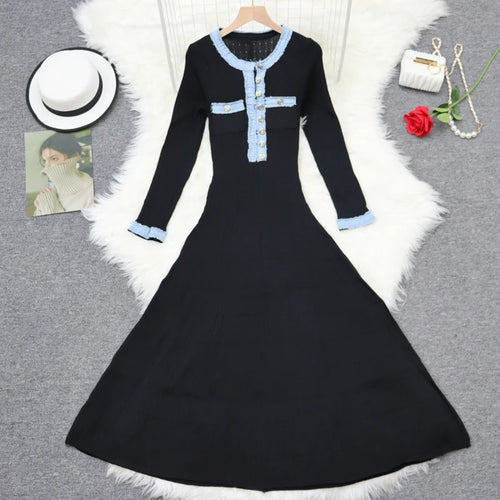 Load image into Gallery viewer, Autumn 2024 New Women's Black White Blue Patchwork Single Breasted Knitted Dress French Elegant Festival Long Sleeve Dress Trend
