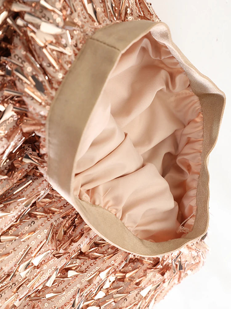 High Elastic Waist Khaki Sequins Shining Elegant Long Party Half-body Skirt Women Fashion New Spring Autumn 2025  1DJ1076