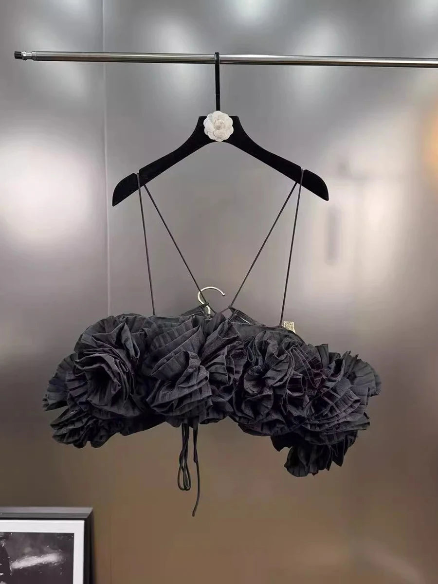 Solid Spliced 3D Flower Temperament Vests for Women Square Neck Off Shoulder Esxy Vest Female Fashion Clothing New