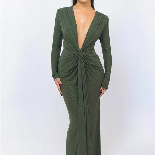 Load image into Gallery viewer, Glitter Deep V Neck Sexy Maxi Dress For Women Elegant Sparkle Long Sleeve Ruched Bodycon Split Club Party Sexy Dress
